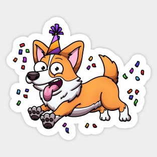 Cute Jumping Corgi Dog Celebrating Birthday Sticker